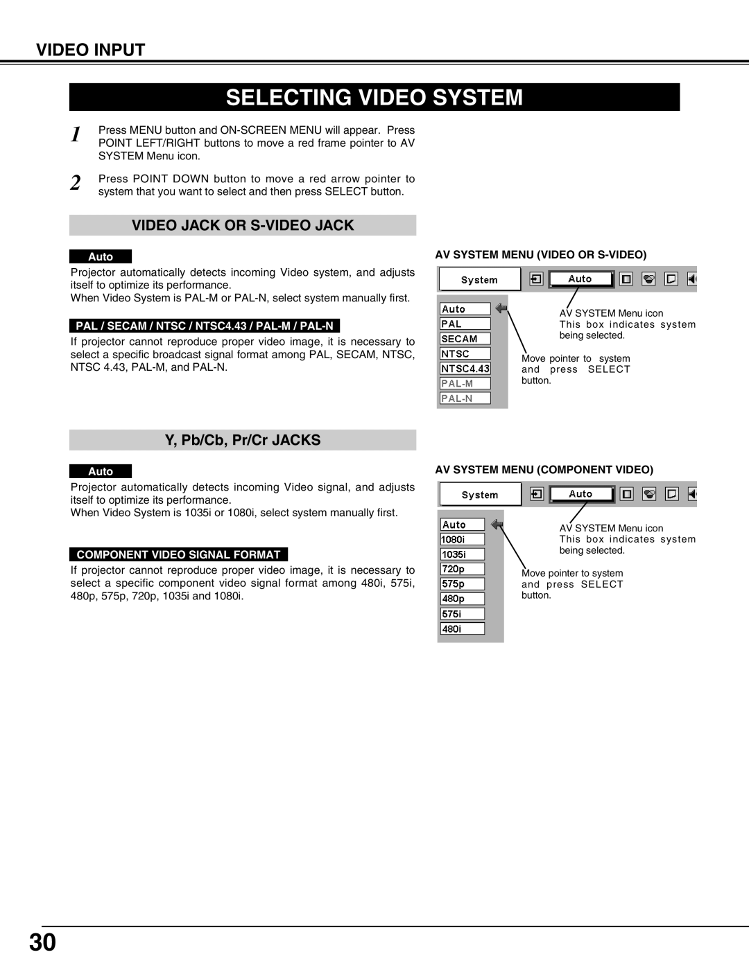 Christie Digital Systems 38-VIV212 user manual Selecting Video System, Auto, AV System Menu Video or S-VIDEO 