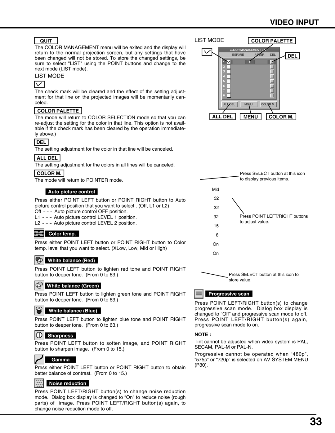 Christie Digital Systems 38-VIV212 user manual Sharpness, Noise reduction, Progressive scan 