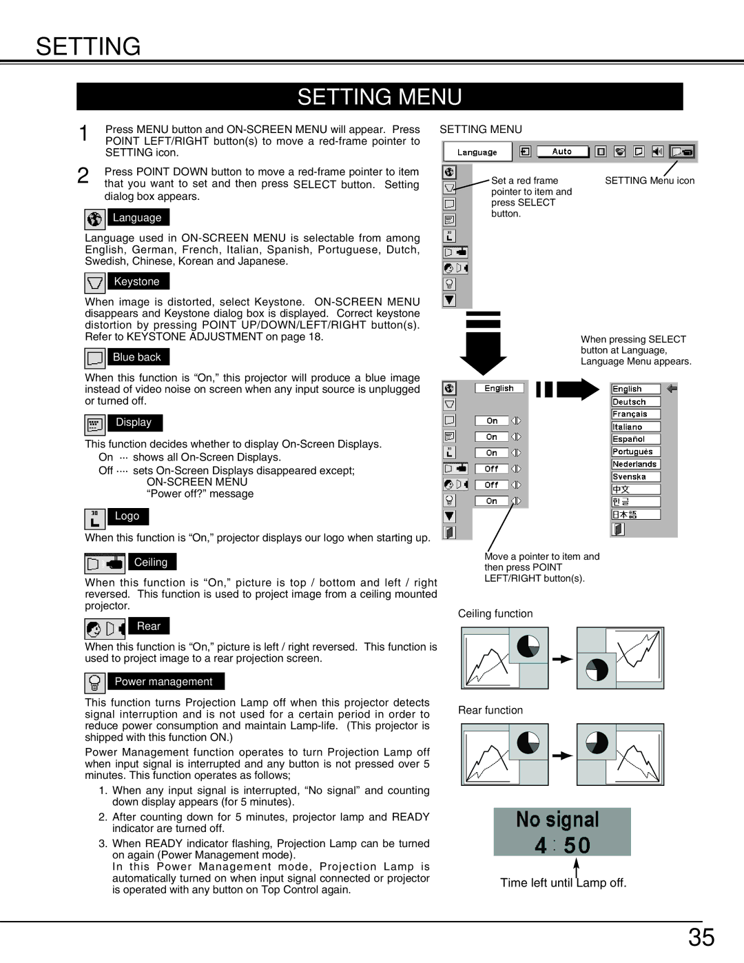 Christie Digital Systems 38-VIV212 user manual Setting Menu 