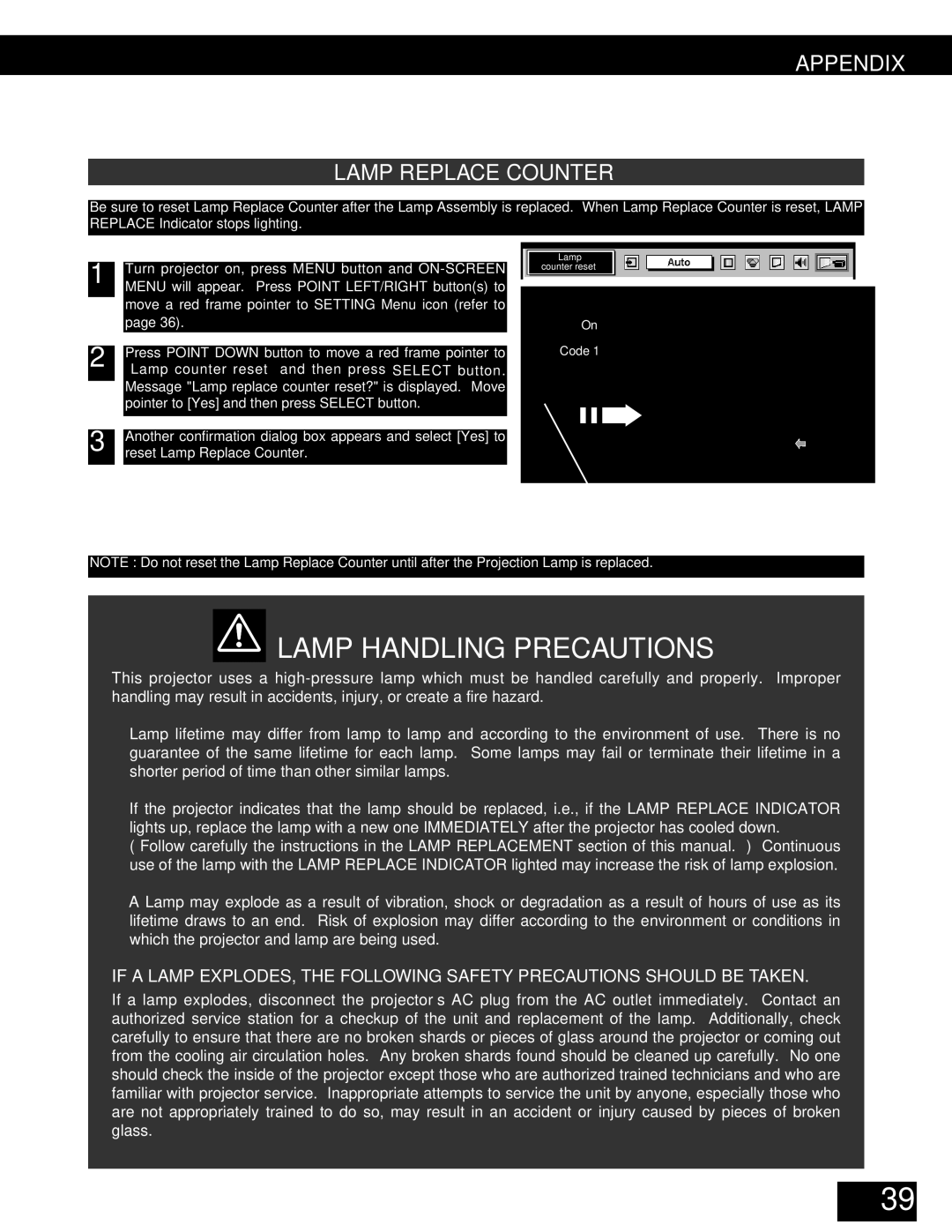 Christie Digital Systems 38-VIV212 user manual Lamp Handling Precautions, Appendix Lamp Replace Counter 