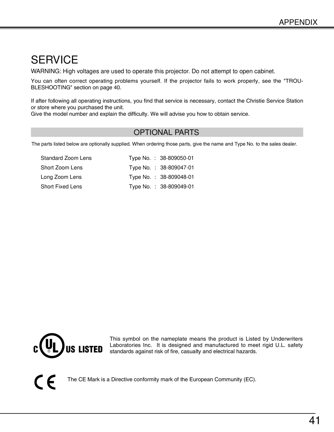 Christie Digital Systems 38-VIV212 user manual Service, Optional Parts 