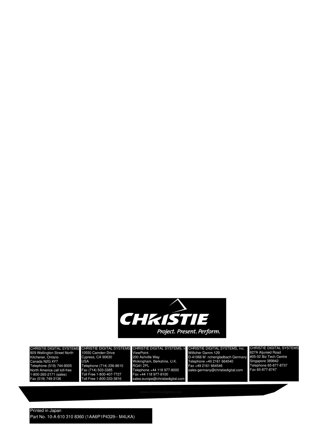 Christie Digital Systems 38-VIV212 user manual Part No -A 610 310 8360 1AA6P1P4329-- M4LKA 