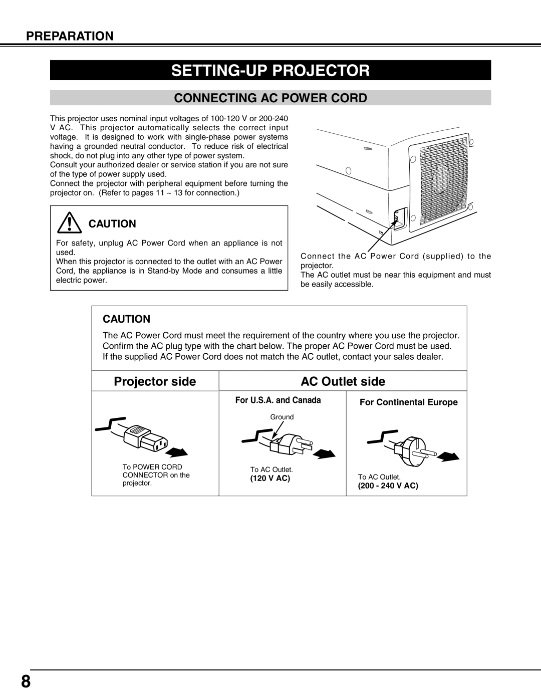 Christie Digital Systems 38-VIV212 user manual SETTING-UP Projector, Connecting AC Power Cord 