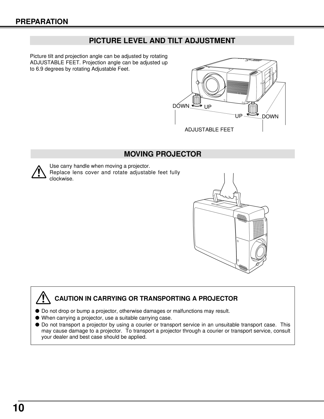 Christie Digital Systems 38-VIV301-01 user manual Preparation Picture Level and Tilt Adjustment, Moving Projector 