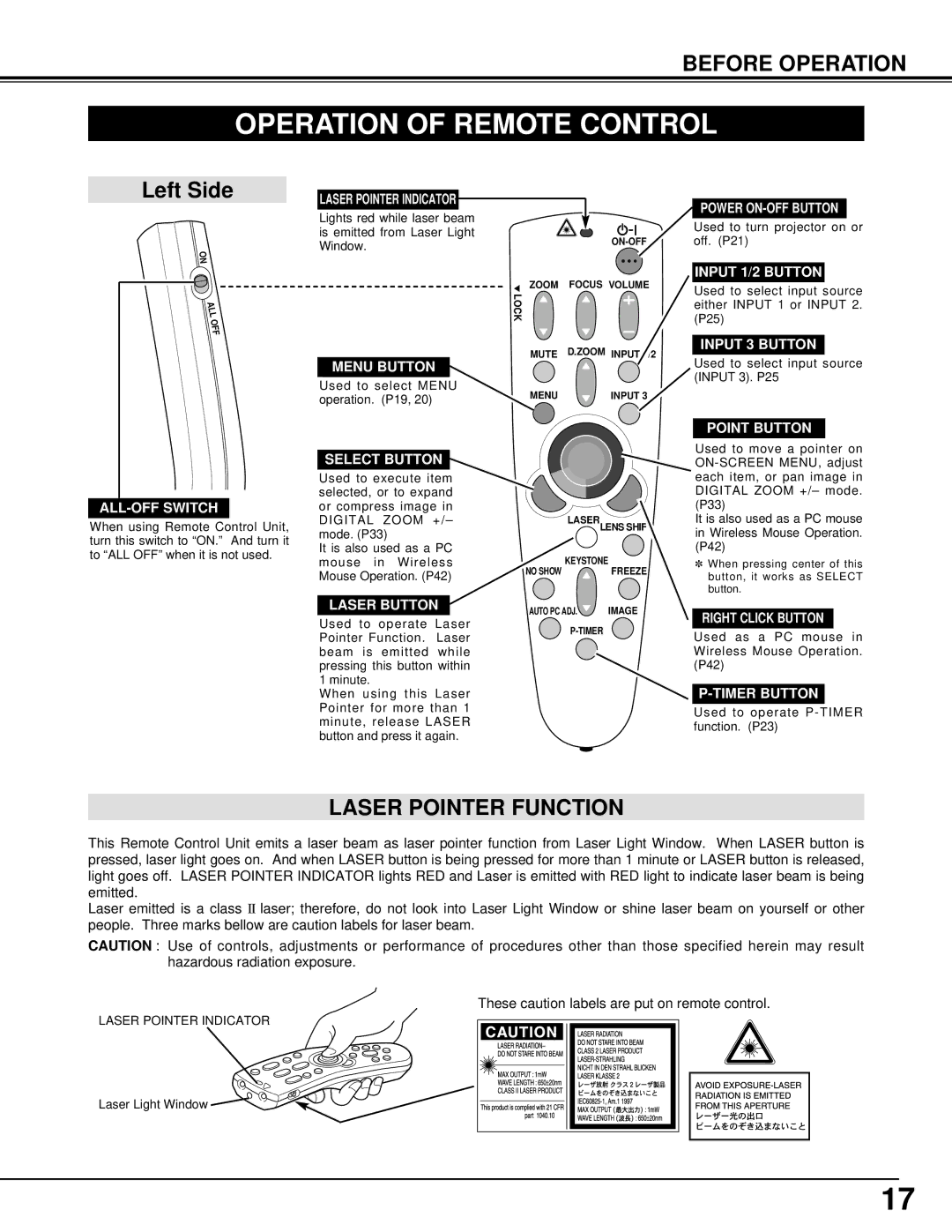 Christie Digital Systems 38-VIV301-01 user manual Operation of Remote Control, Laser Pointer Function 