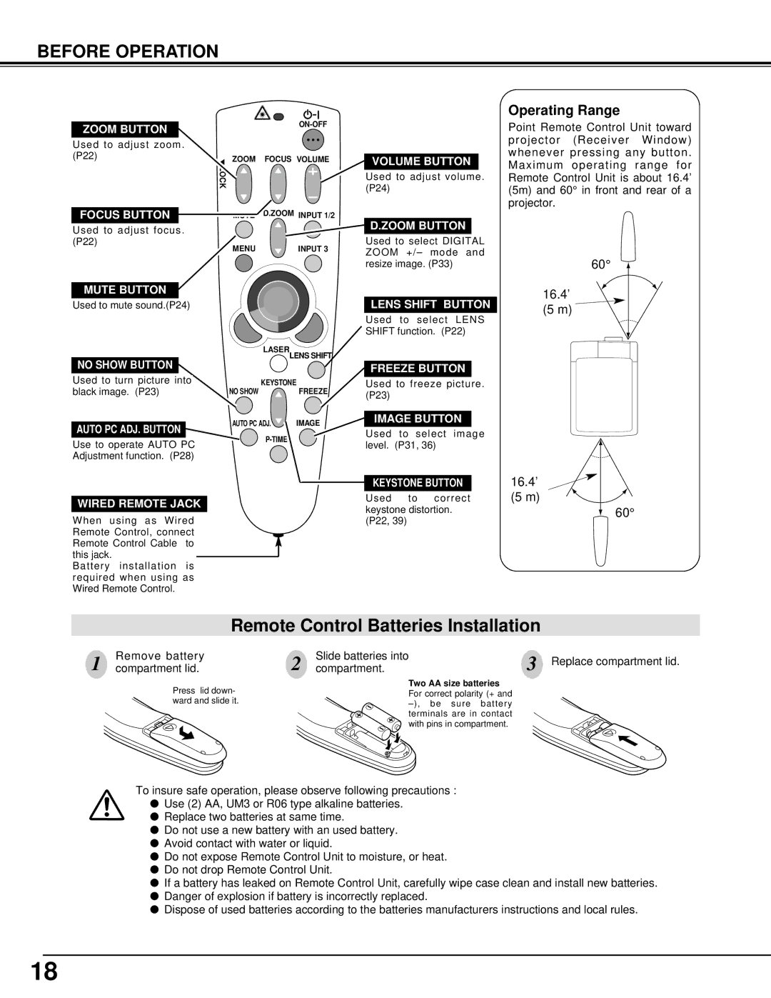 Christie Digital Systems 38-VIV301-01 user manual Remote Control Batteries Installation 