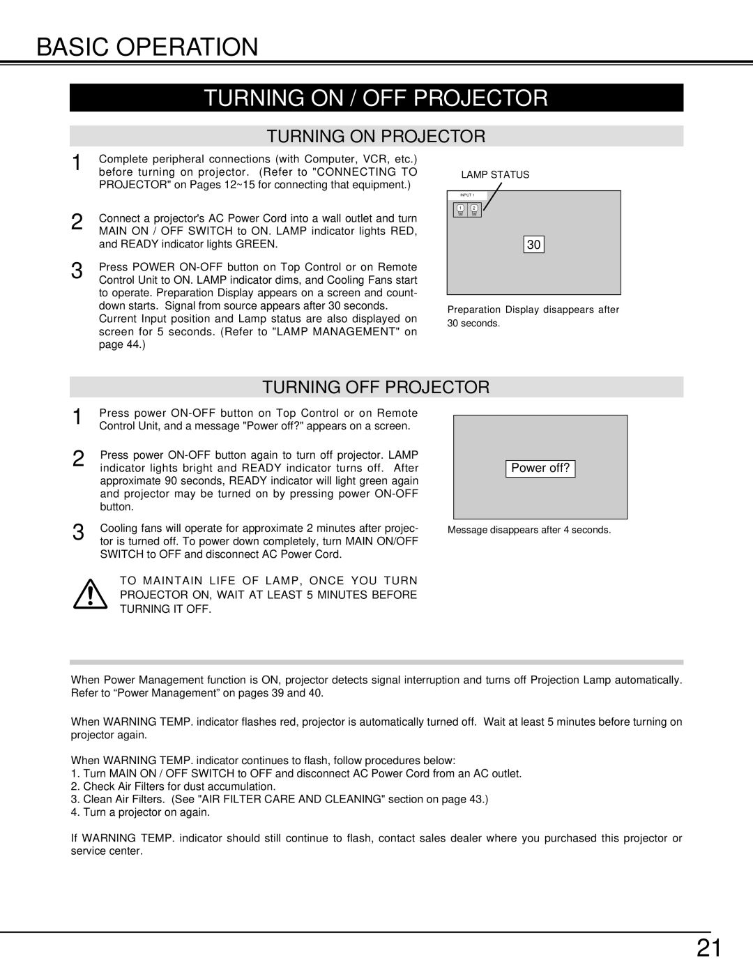 Christie Digital Systems 38-VIV301-01 user manual Basic Operation, Turning on / OFF Projector, Turning on Projector 