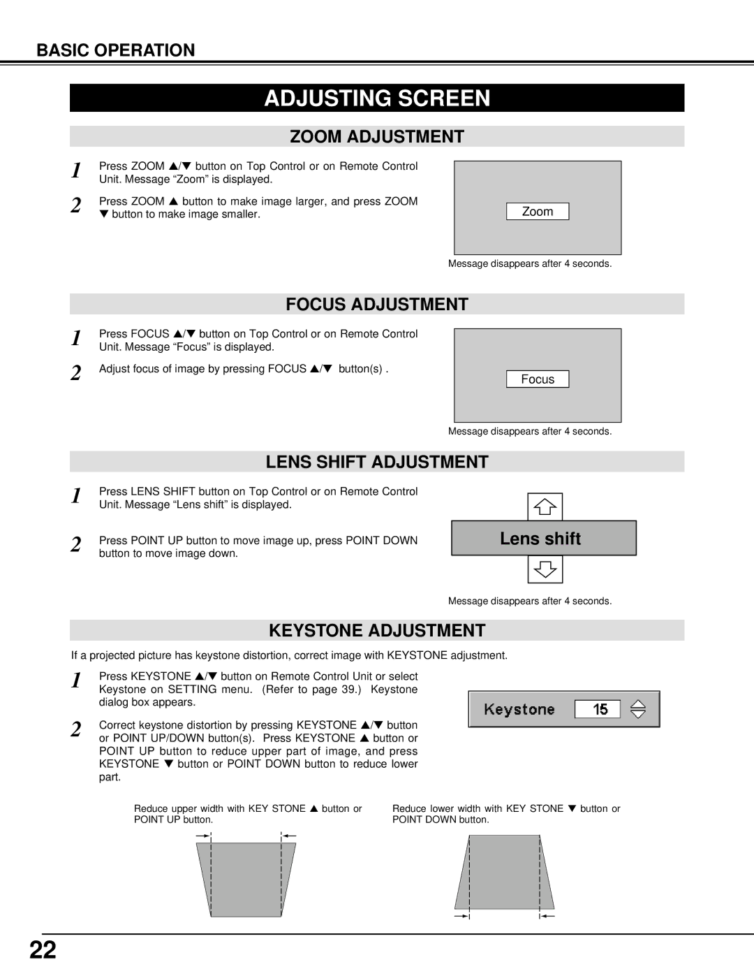 Christie Digital Systems 38-VIV301-01 user manual Adjusting Screen, Focus Adjustment, Keystone Adjustment 