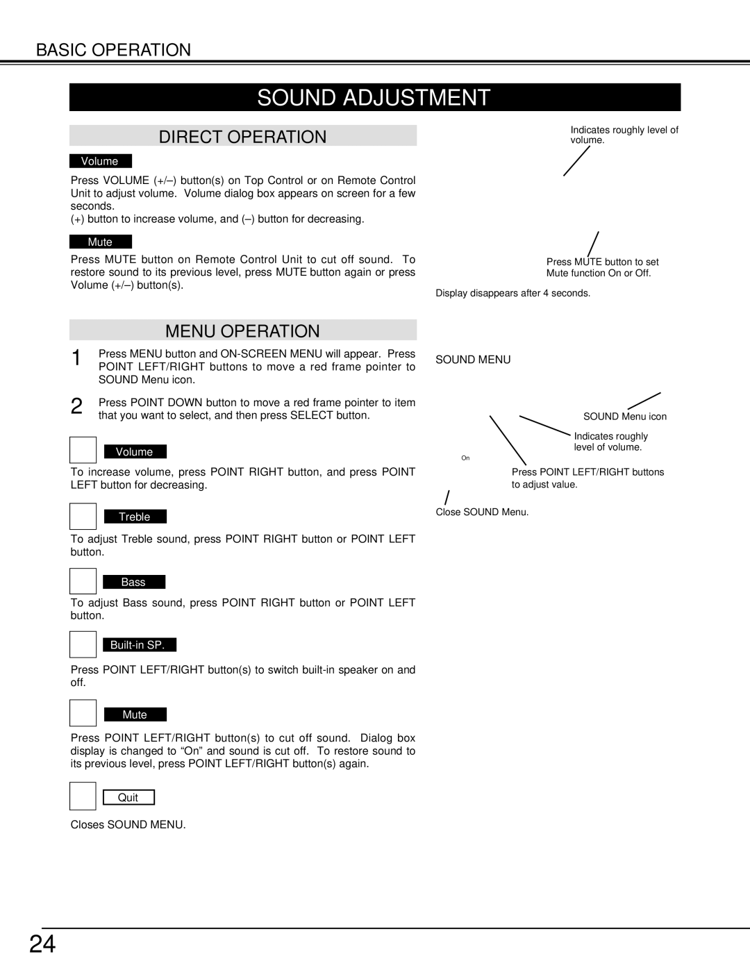 Christie Digital Systems 38-VIV301-01 user manual Sound Adjustment, Direct Operation, Menu Operation, Sound Menu 