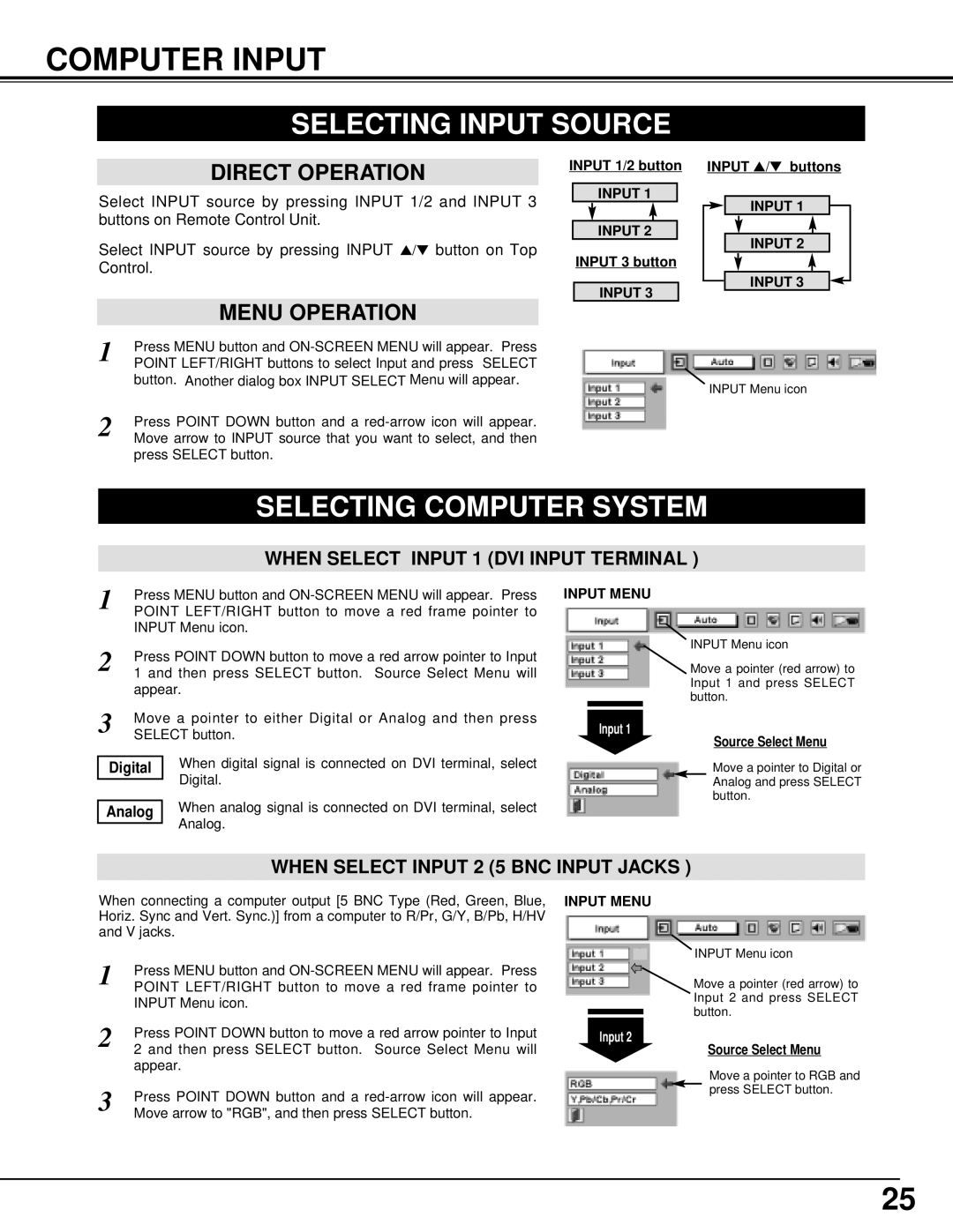 Christie Digital Systems 38-VIV301-01 Computer Input, Selecting Input Source, Selecting Computer System, Input Menu 