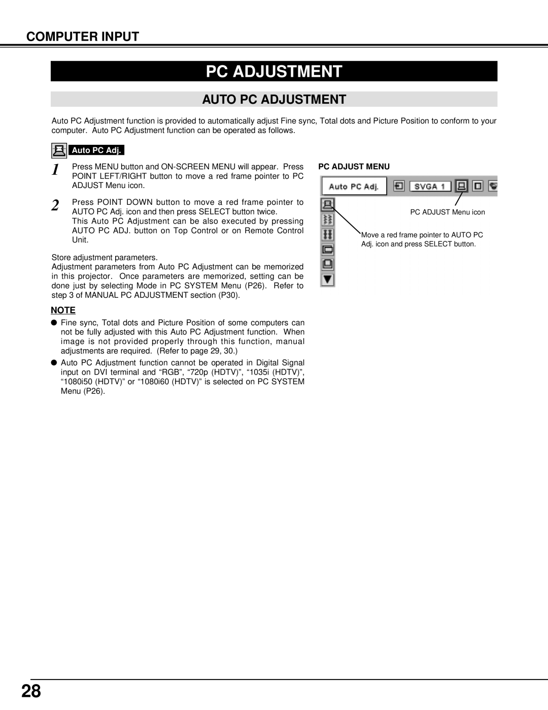 Christie Digital Systems 38-VIV301-01 user manual Computer Input, Auto PC Adjustment, PC Adjust Menu 