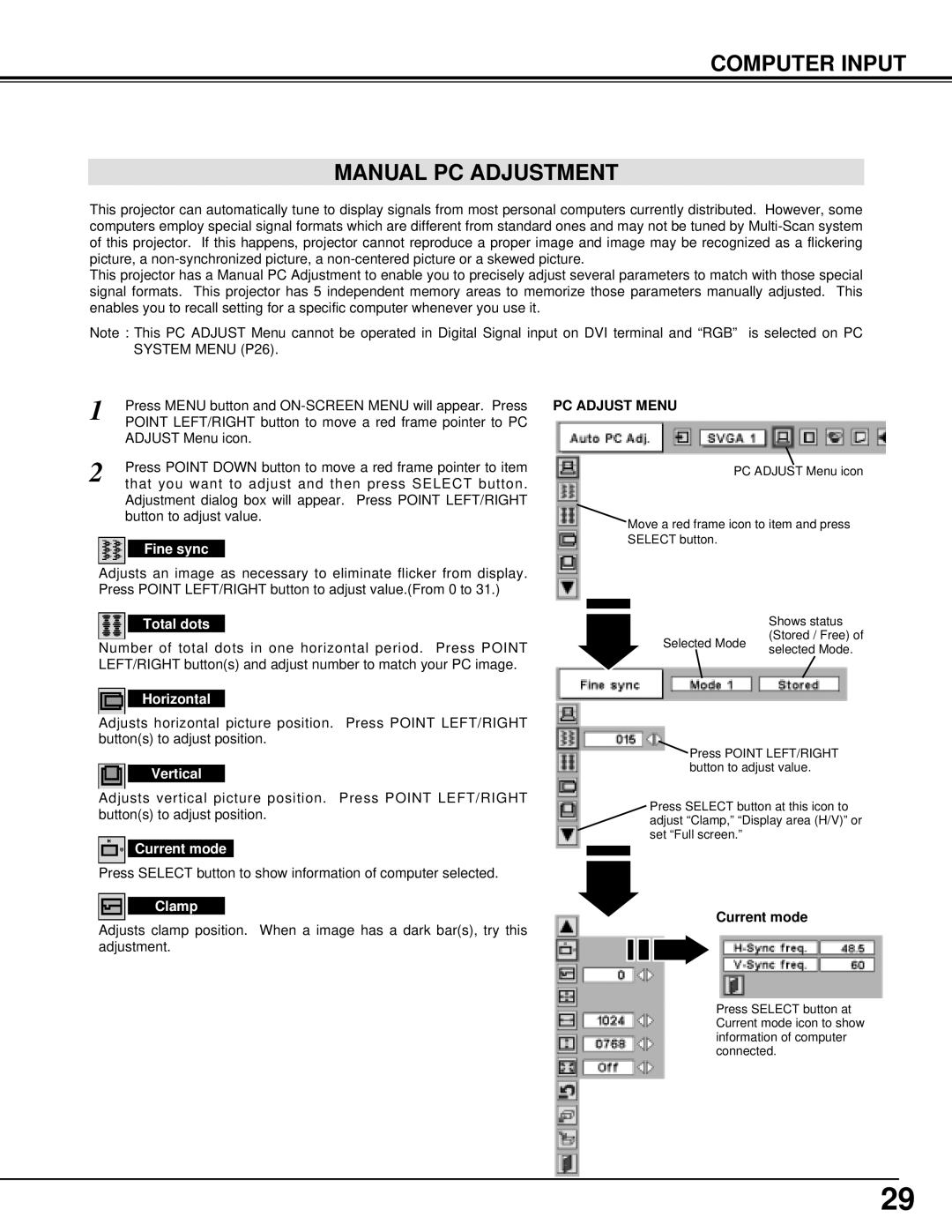 Christie Digital Systems 38-VIV301-01 user manual Computer Input Manual PC Adjustment 