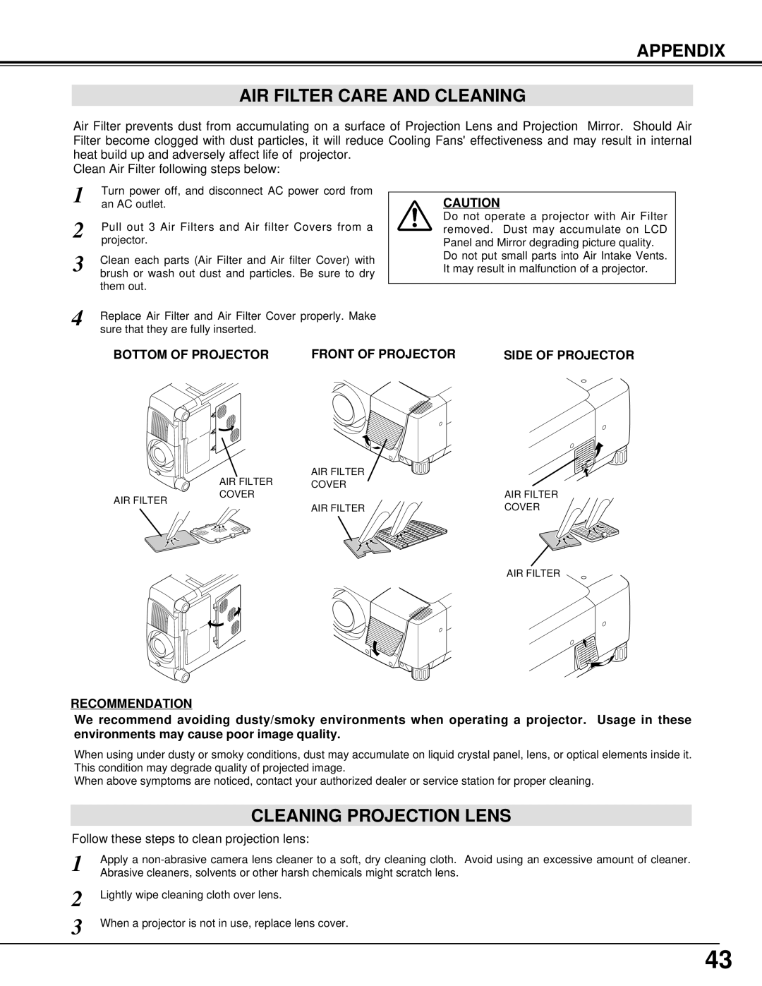 Christie Digital Systems 38-VIV301-01 user manual Appendix AIR Filter Care and Cleaning, Cleaning Projection Lens 