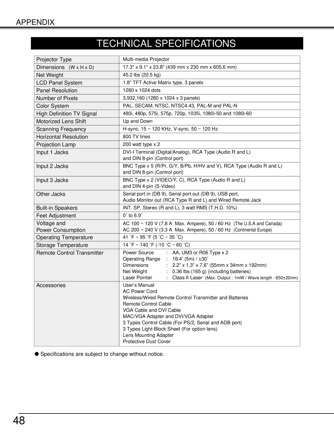 Christie Digital Systems 38-VIV301-01 user manual Technical Specifications 