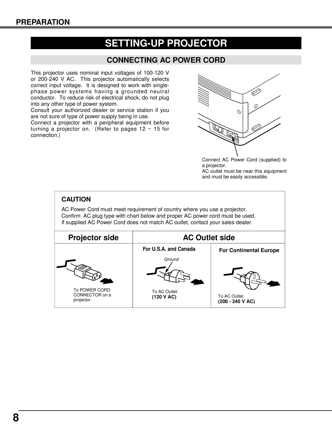 Christie Digital Systems 38-VIV301-01 user manual SETTING-UP Projector, Connecting AC Power Cord 