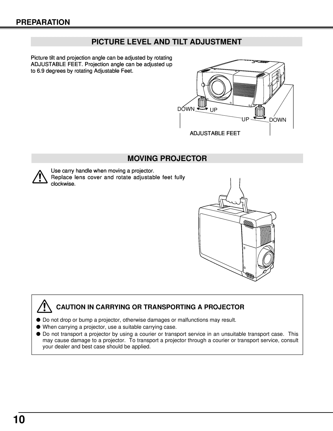 Christie Digital Systems 38-VIV301-01 user manual Preparation Picture Level And Tilt Adjustment, Moving Projector 