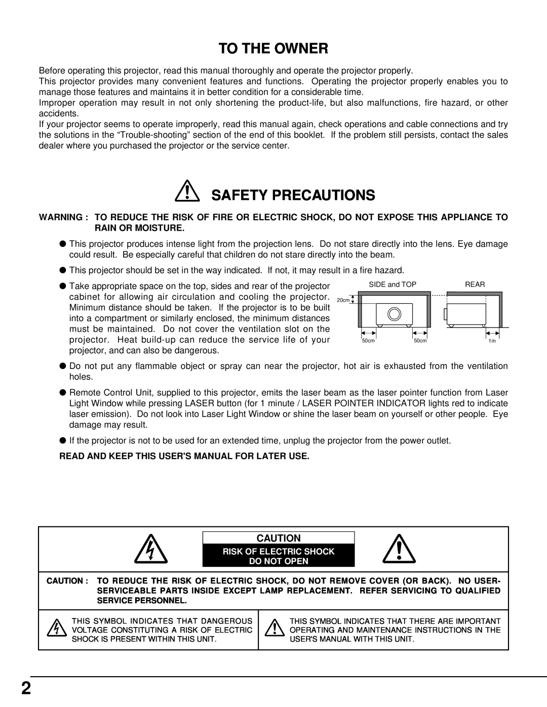 Christie Digital Systems 38-VIV301-01 To The Owner, Safety Precautions, Read And Keep This Users Manual For Later Use 