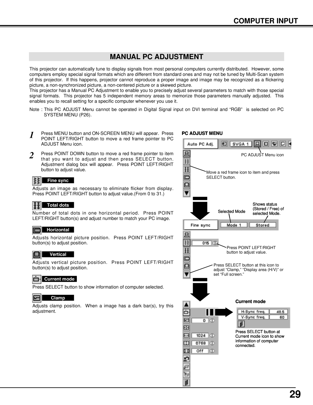 Christie Digital Systems 38-VIV301-01 Computer Input Manual Pc Adjustment, Fine sync, Total dots, Horizontal, Vertical 