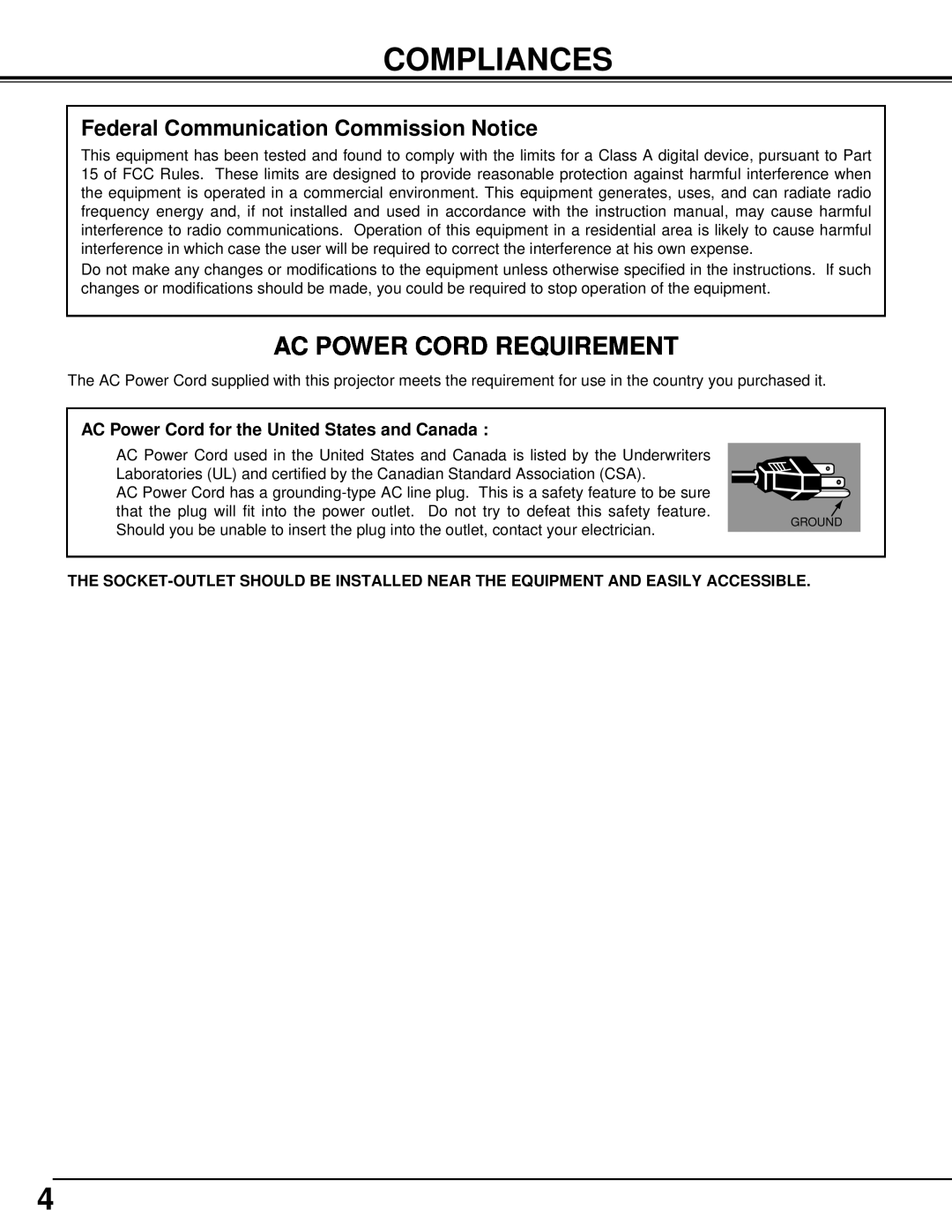 Christie Digital Systems 38-VIV301-01 Compliances, Ac Power Cord Requirement, Federal Communication Commission Notice 