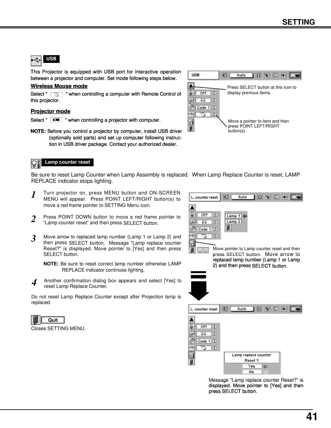 Christie Digital Systems 38-VIV301-01 user manual Setting, Wireless Mouse mode, Projector mode, Lamp counter reset 