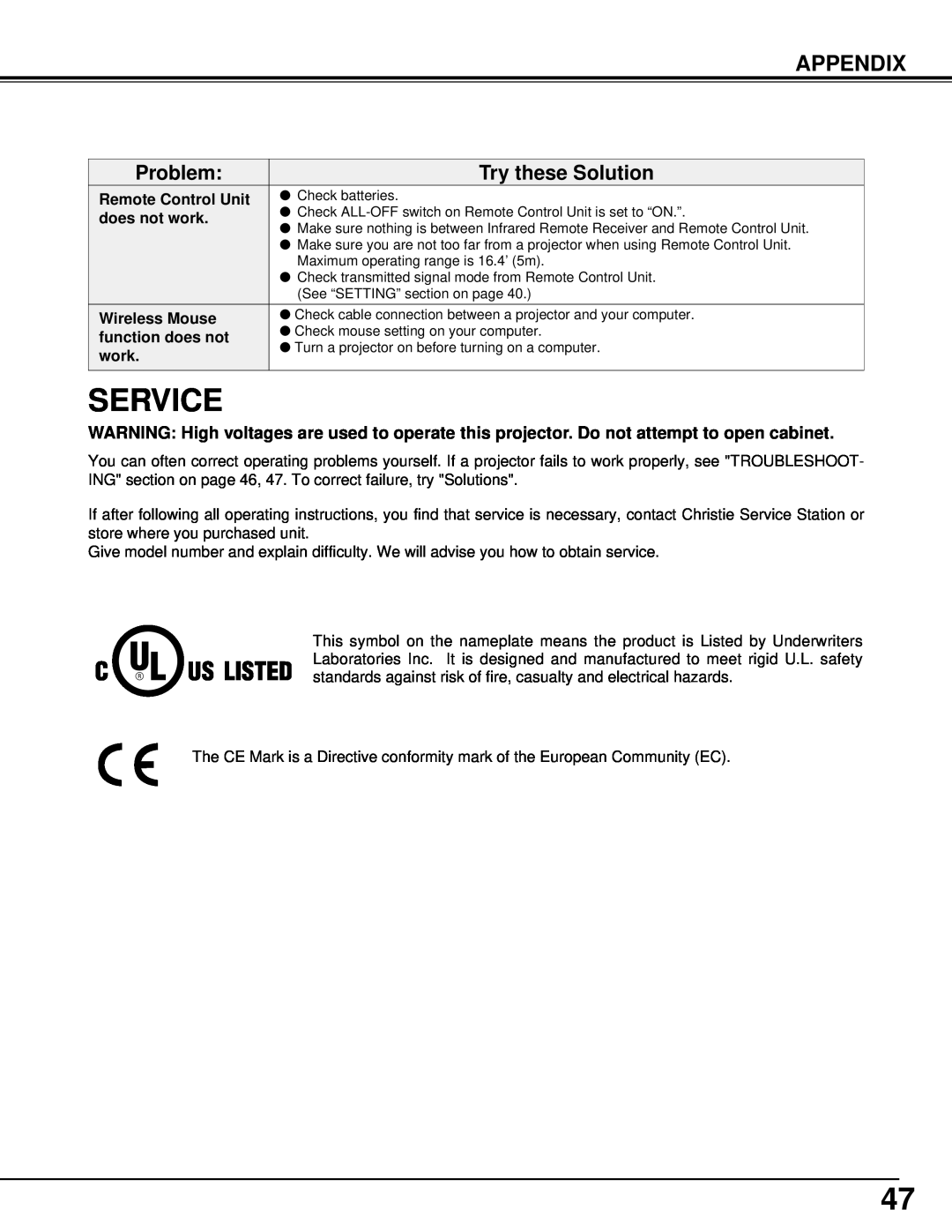 Christie Digital Systems 38-VIV301-01 Service, Try these Solution, Appendix, Problem, Remote Control Unit, does not work 