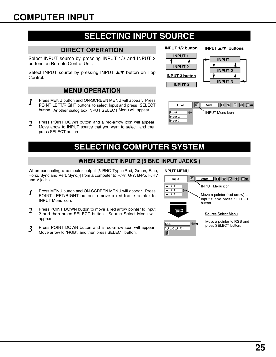 Christie Digital Systems 38-VIV302-01 Computer Input, Selecting Input Source, Selecting Computer System, Input Menu 