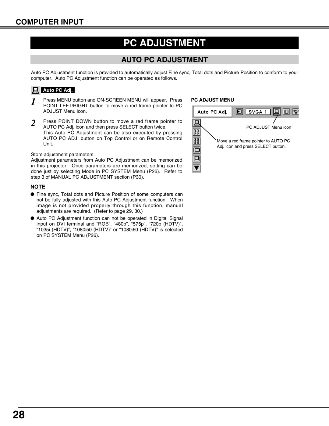 Christie Digital Systems 38-VIV302-01 user manual Computer Input, Auto PC Adjustment, PC Adjust Menu 