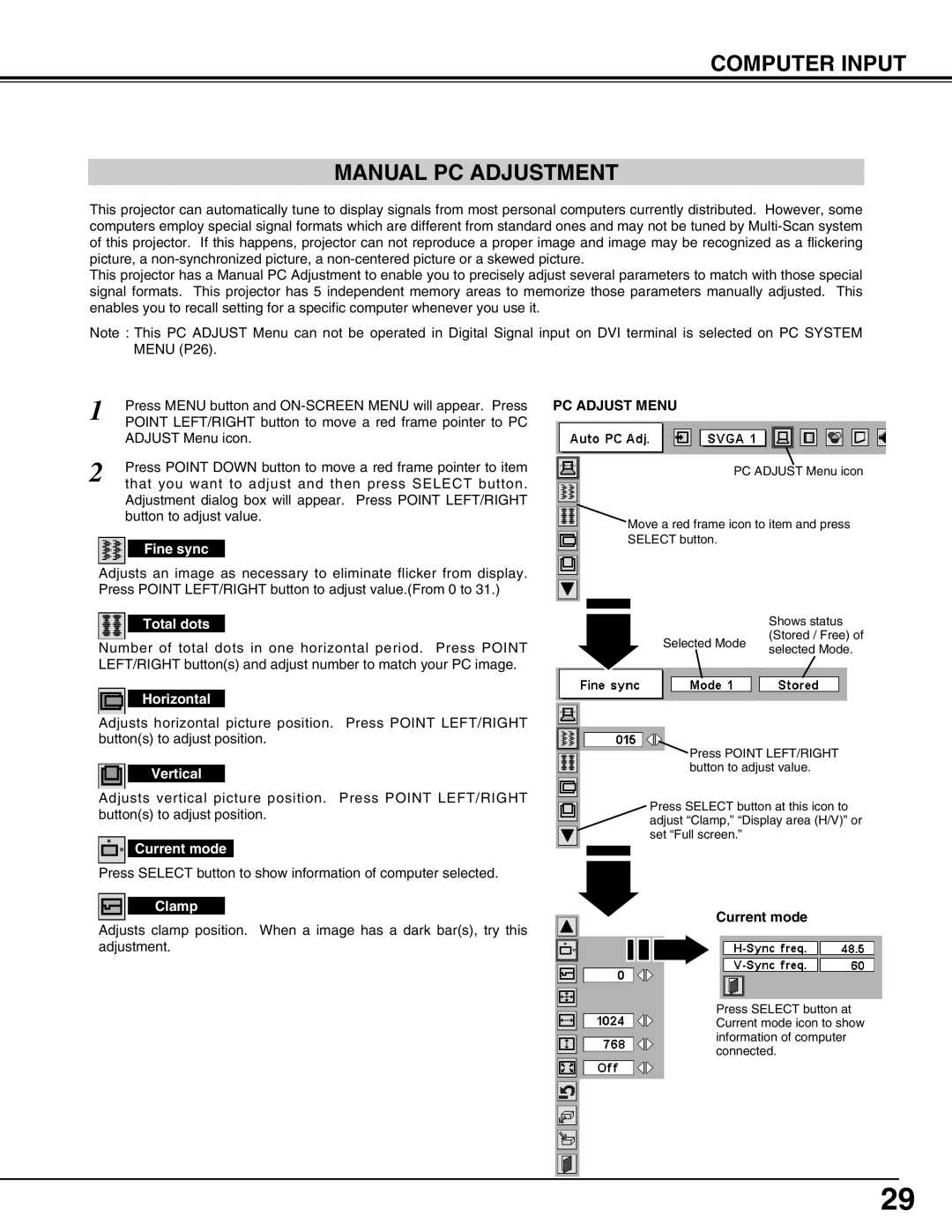 Christie Digital Systems 38-VIV302-01 user manual Computer Input Manual PC Adjustment 