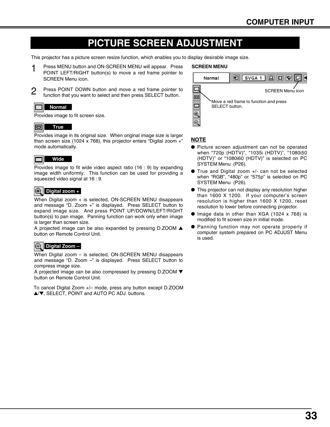 Christie Digital Systems 38-VIV302-01 user manual Picture Screen Adjustment, Screen Menu 