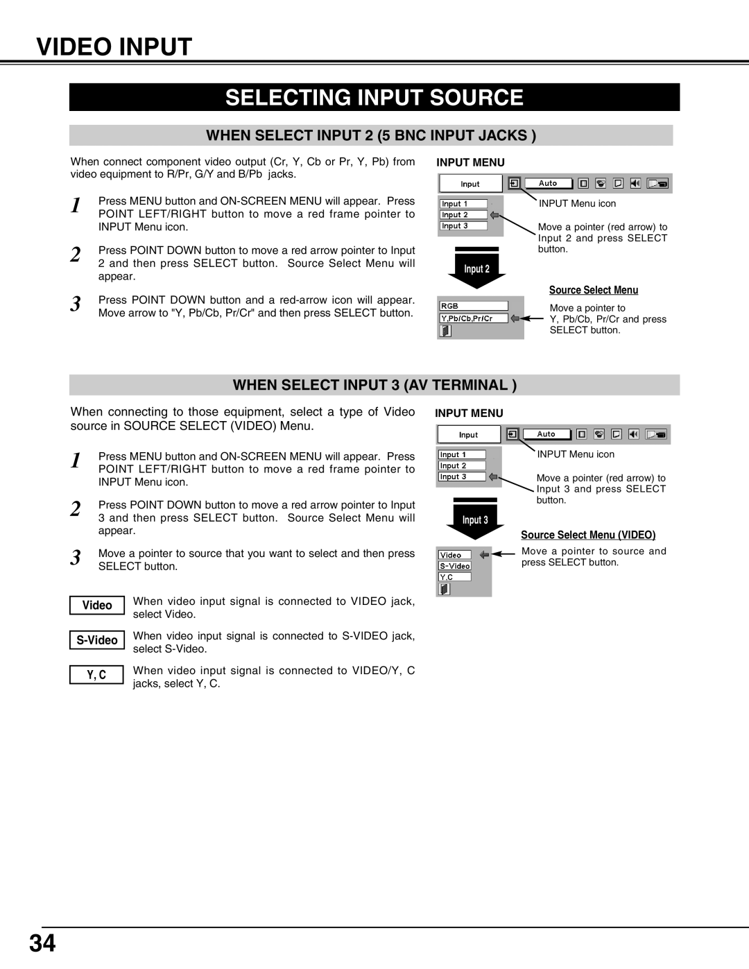 Christie Digital Systems 38-VIV302-01 user manual Video Input, When Select Input 3 AV Terminal 