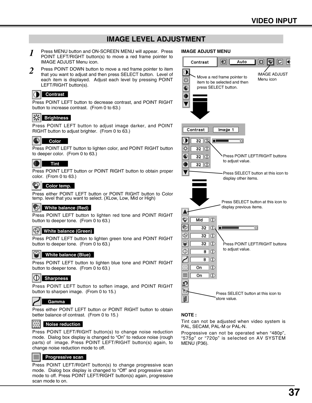 Christie Digital Systems 38-VIV302-01 user manual Video Input Image Level Adjustment, Color, Tint, Progressive scan 