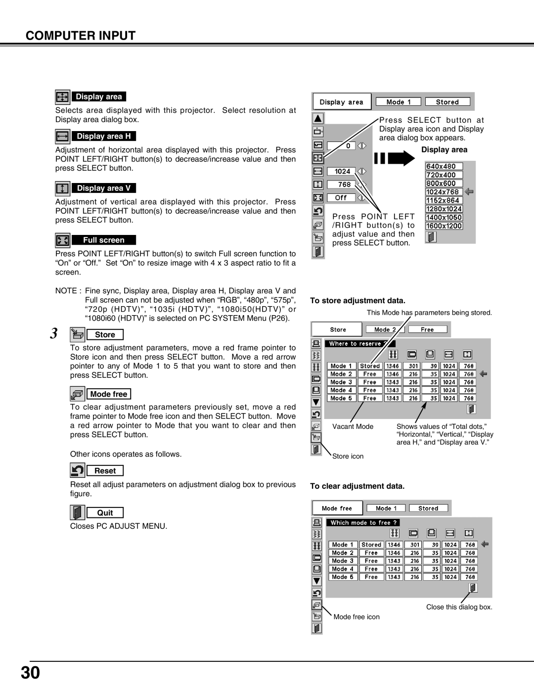 Christie Digital Systems 38-VIV302-01 user manual Computer Input, Store, Mode free, Reset, Quit, Display area 
