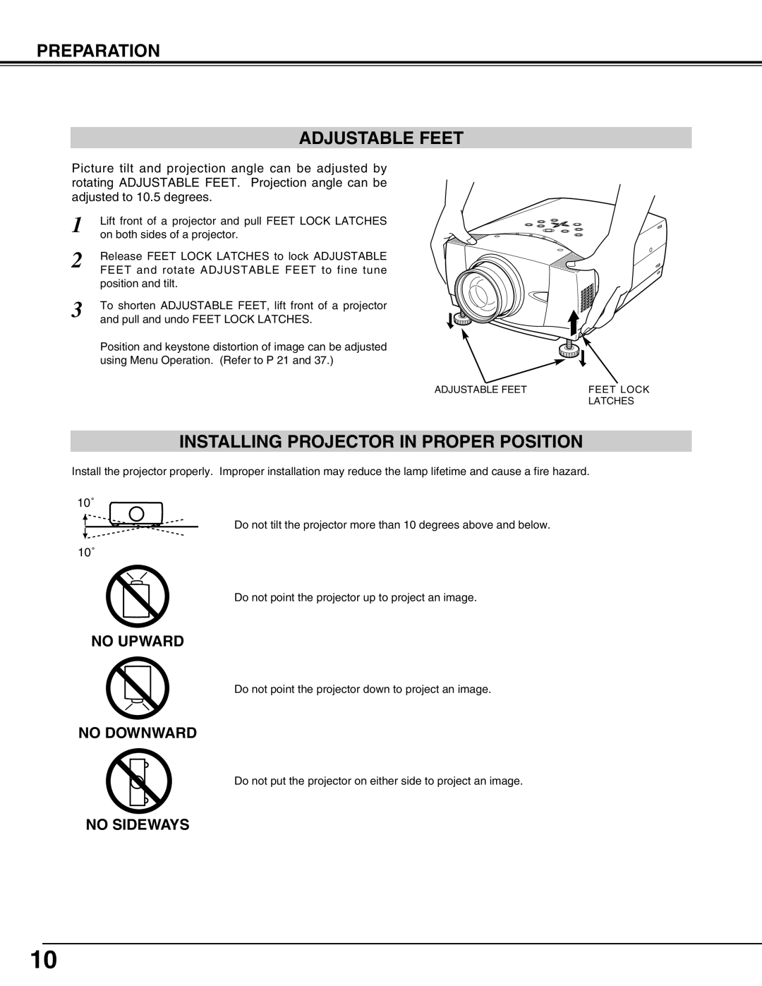 Christie Digital Systems 38-VIV303-01 user manual Preparation Adjustable Feet, Installing Projector in Proper Position 