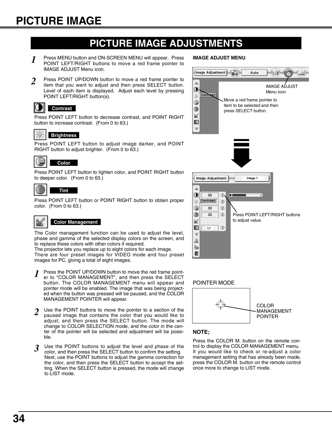 Christie Digital Systems 38-VIV303-01 user manual Picture Image Adjustments, Image Adjust Menu 