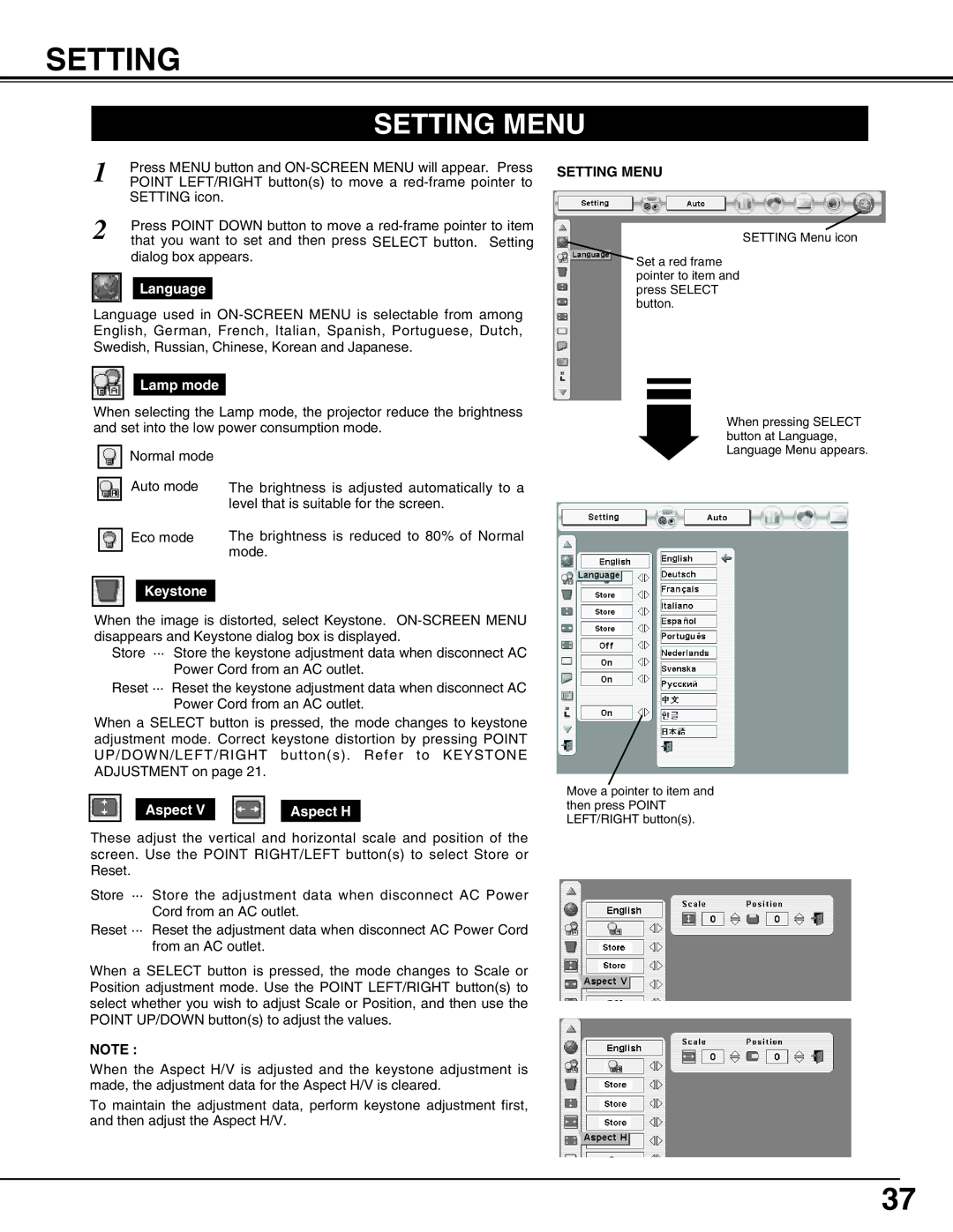 Christie Digital Systems 38-VIV303-01 user manual Setting Menu 