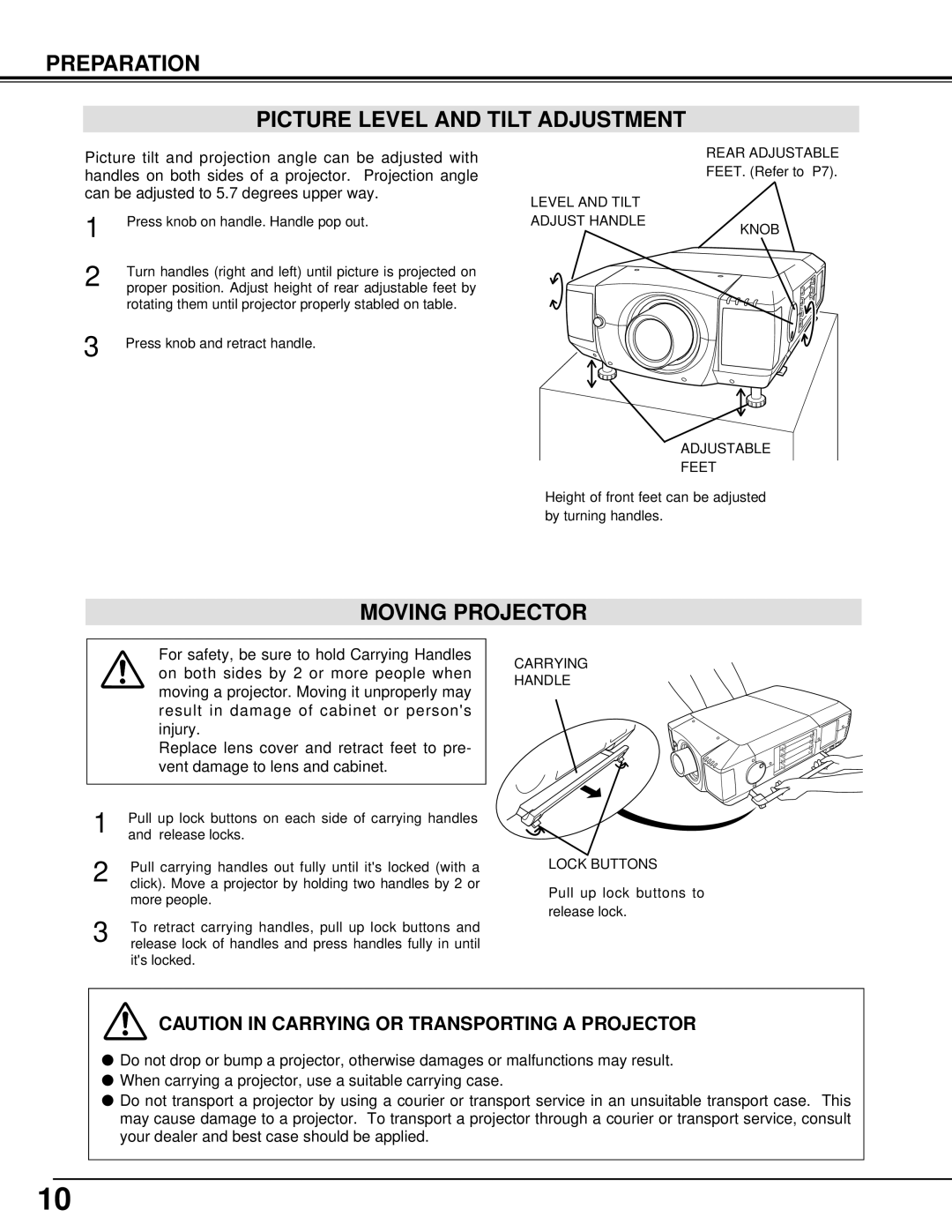 Christie Digital Systems 38-VIV401-01 user manual Preparation Picture Level and Tilt Adjustment, Moving Projector 