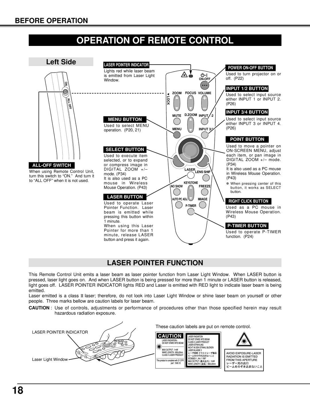 Christie Digital Systems 38-VIV401-01 user manual Operation of Remote Control, Laser Pointer Function 