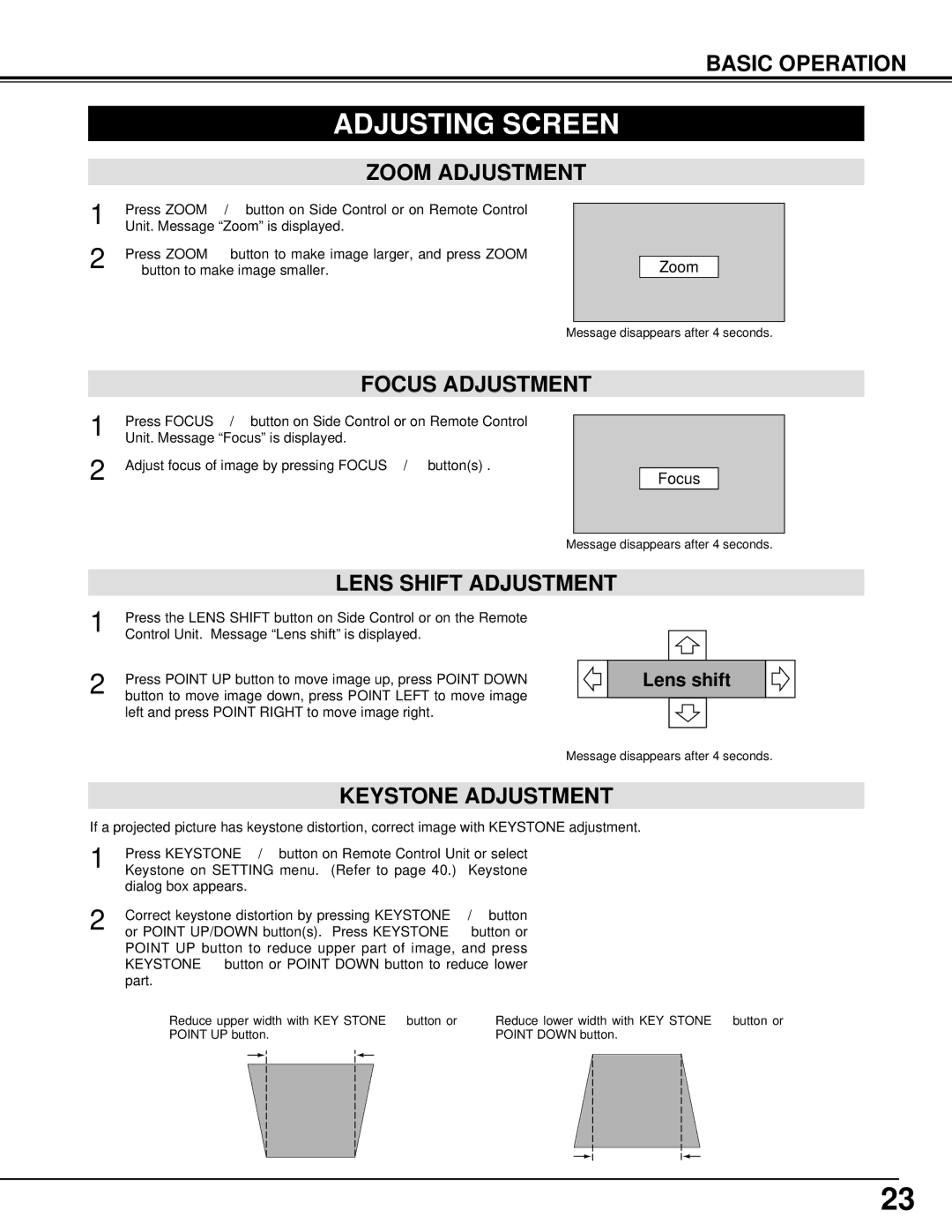 Christie Digital Systems 38-VIV401-01 user manual Adjusting Screen, Zoom Adjustment, Focus Adjustment, Keystone Adjustment 