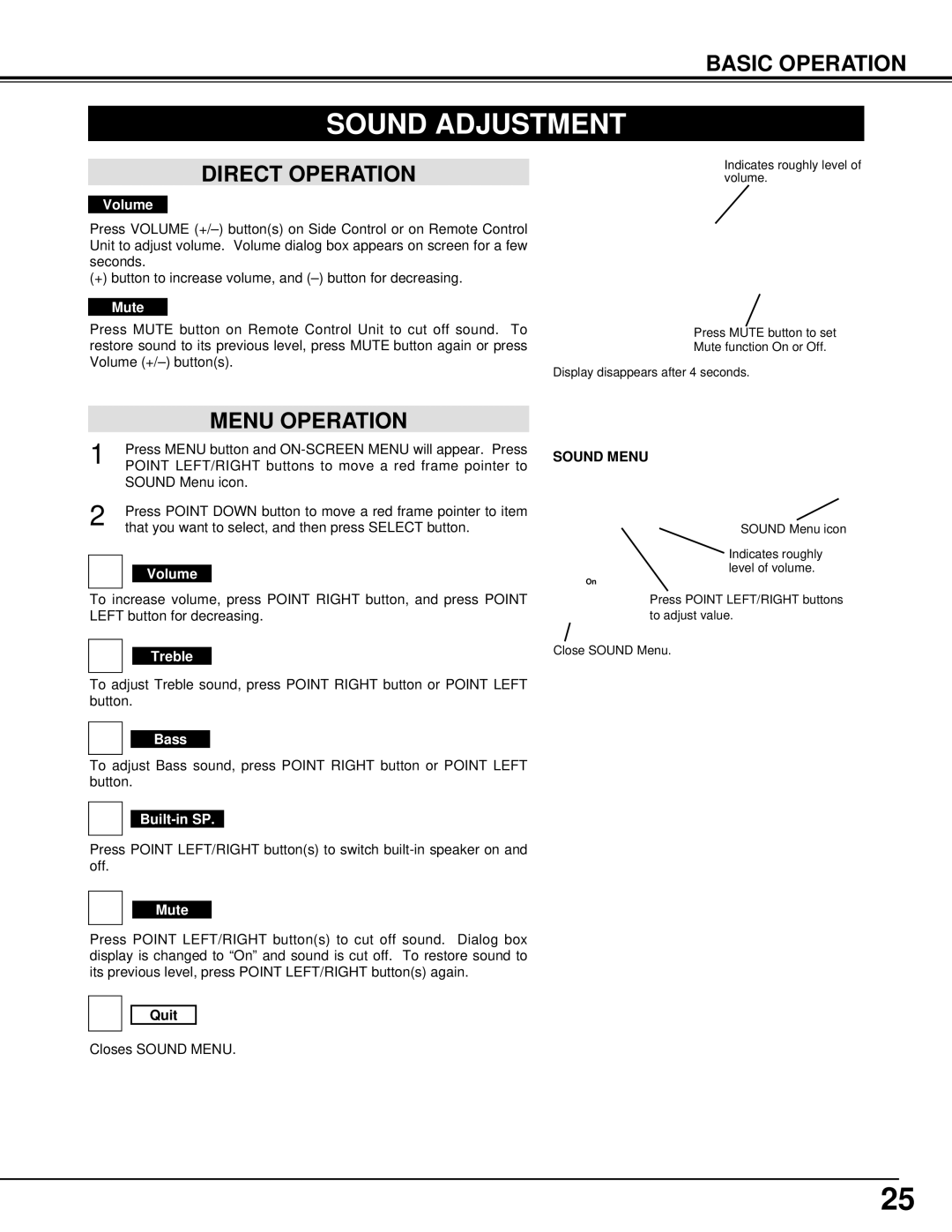 Christie Digital Systems 38-VIV401-01 user manual Sound Adjustment, Direct Operation, Menu Operation, Sound Menu 