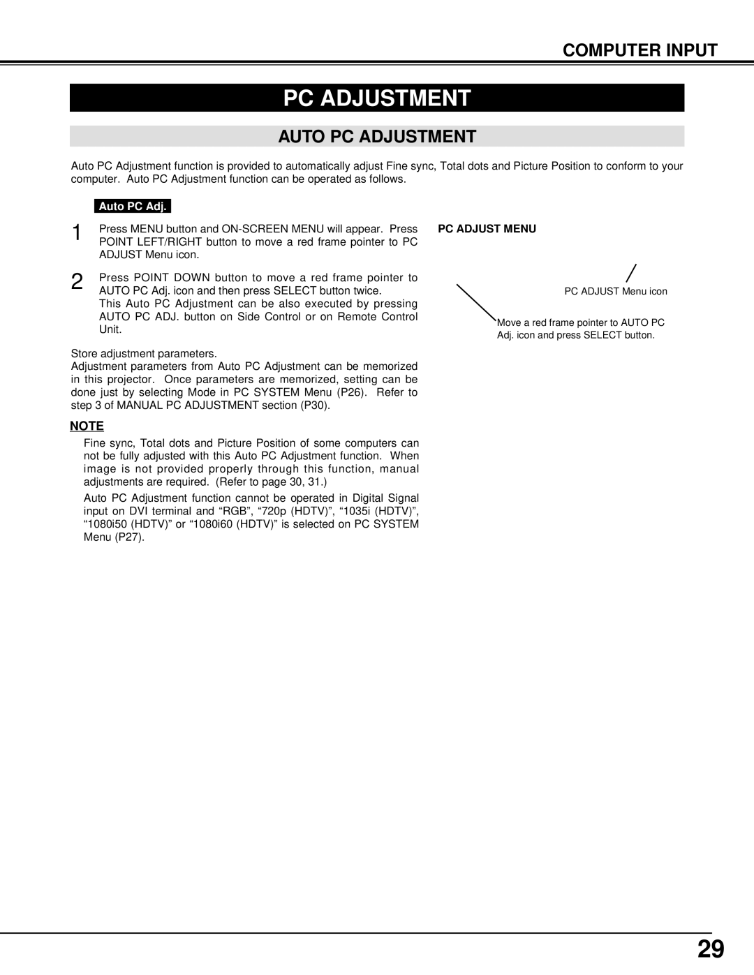 Christie Digital Systems 38-VIV401-01 user manual Computer Input, Auto PC Adjustment, PC Adjust Menu 