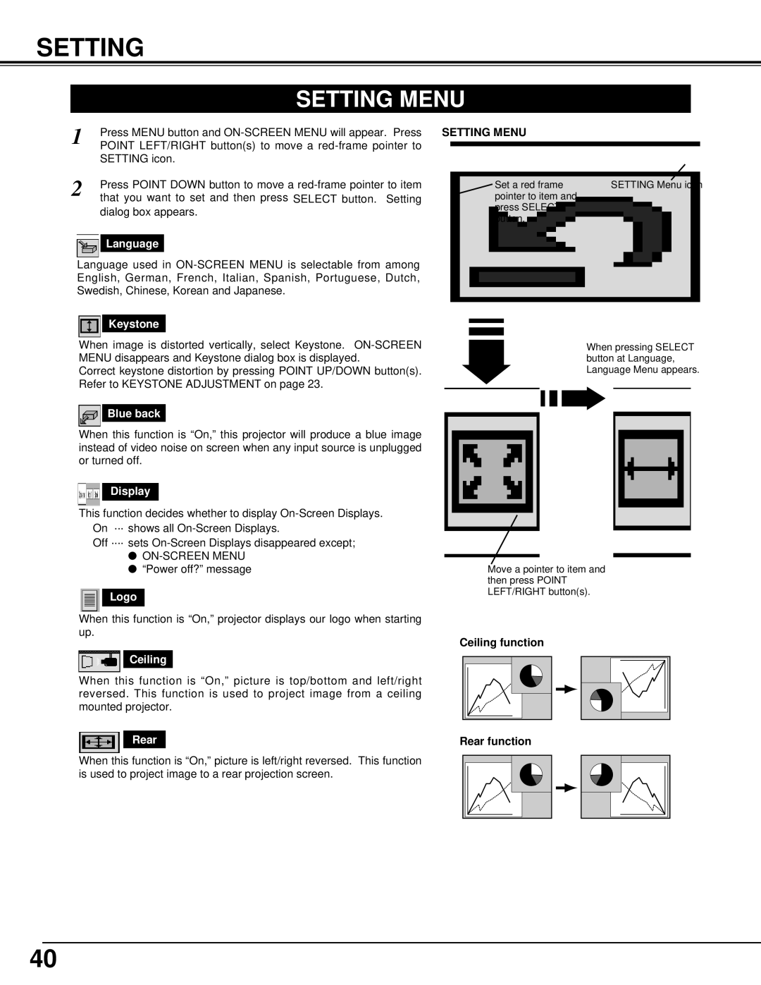 Christie Digital Systems 38-VIV401-01 user manual Setting Menu 