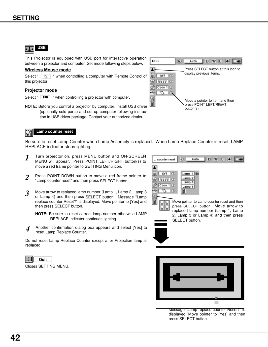 Christie Digital Systems 38-VIV401-01 user manual Wireless Mouse mode, Projector mode, Usb, Lamp counter reset 