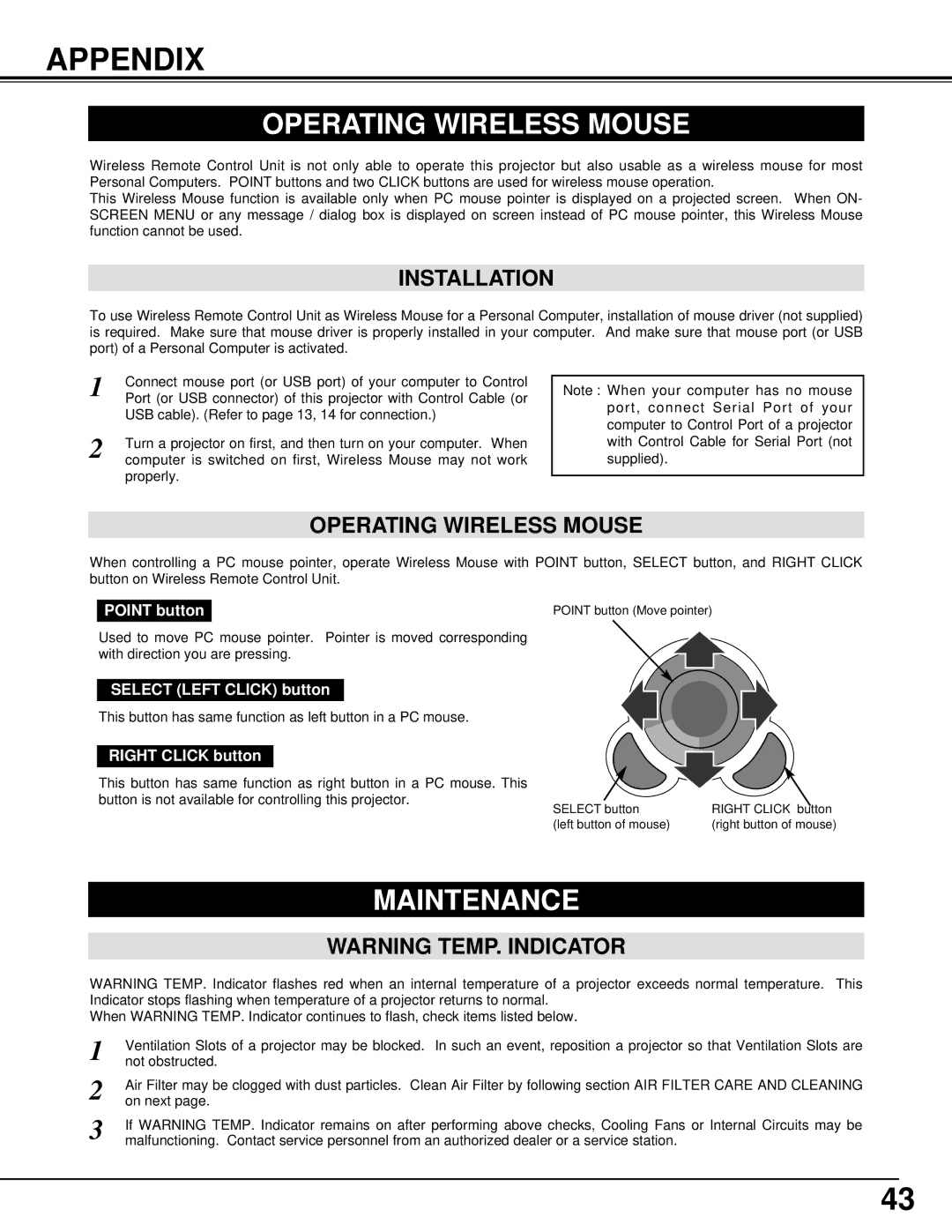 Christie Digital Systems 38-VIV401-01 user manual Appendix, Operating Wireless Mouse, Maintenance, Installation 