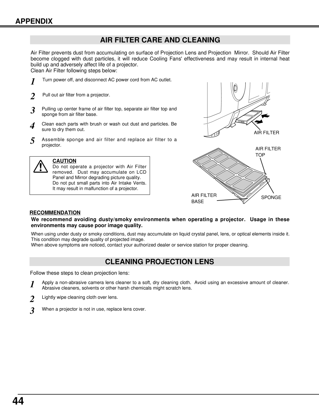 Christie Digital Systems 38-VIV401-01 user manual Appendix AIR Filter Care and Cleaning, Cleaning Projection Lens 