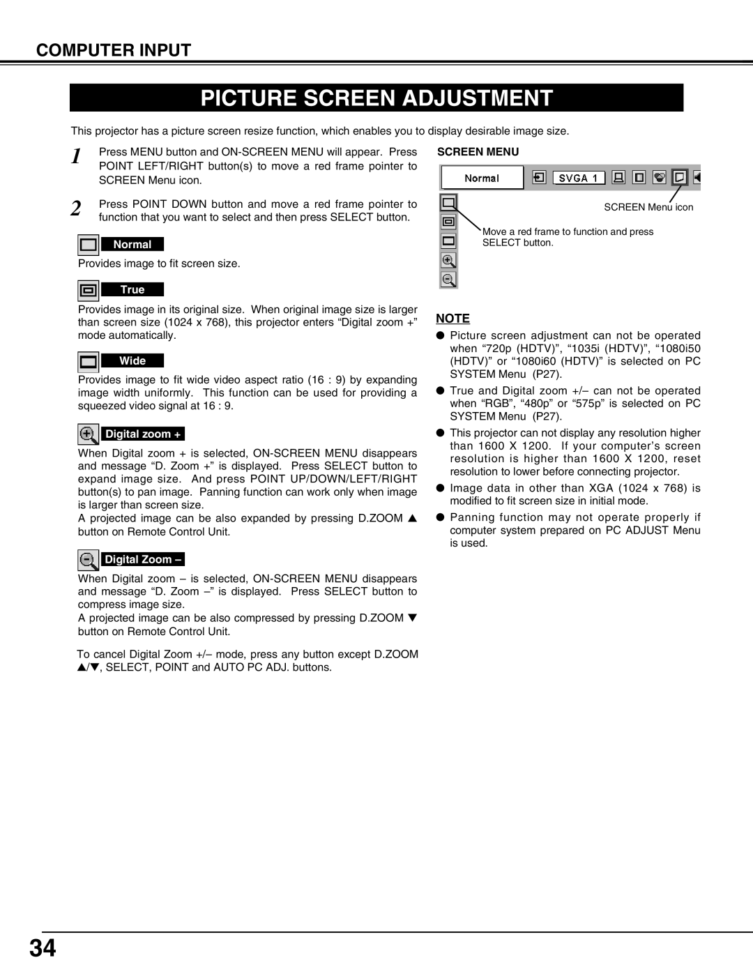 Christie Digital Systems 38-VIV402-01 user manual Picture Screen Adjustment, Screen Menu 