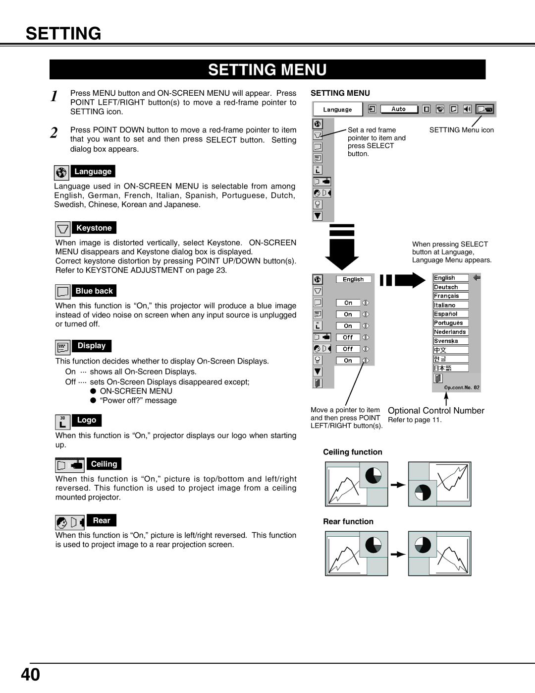 Christie Digital Systems 38-VIV402-01 user manual Setting Menu 