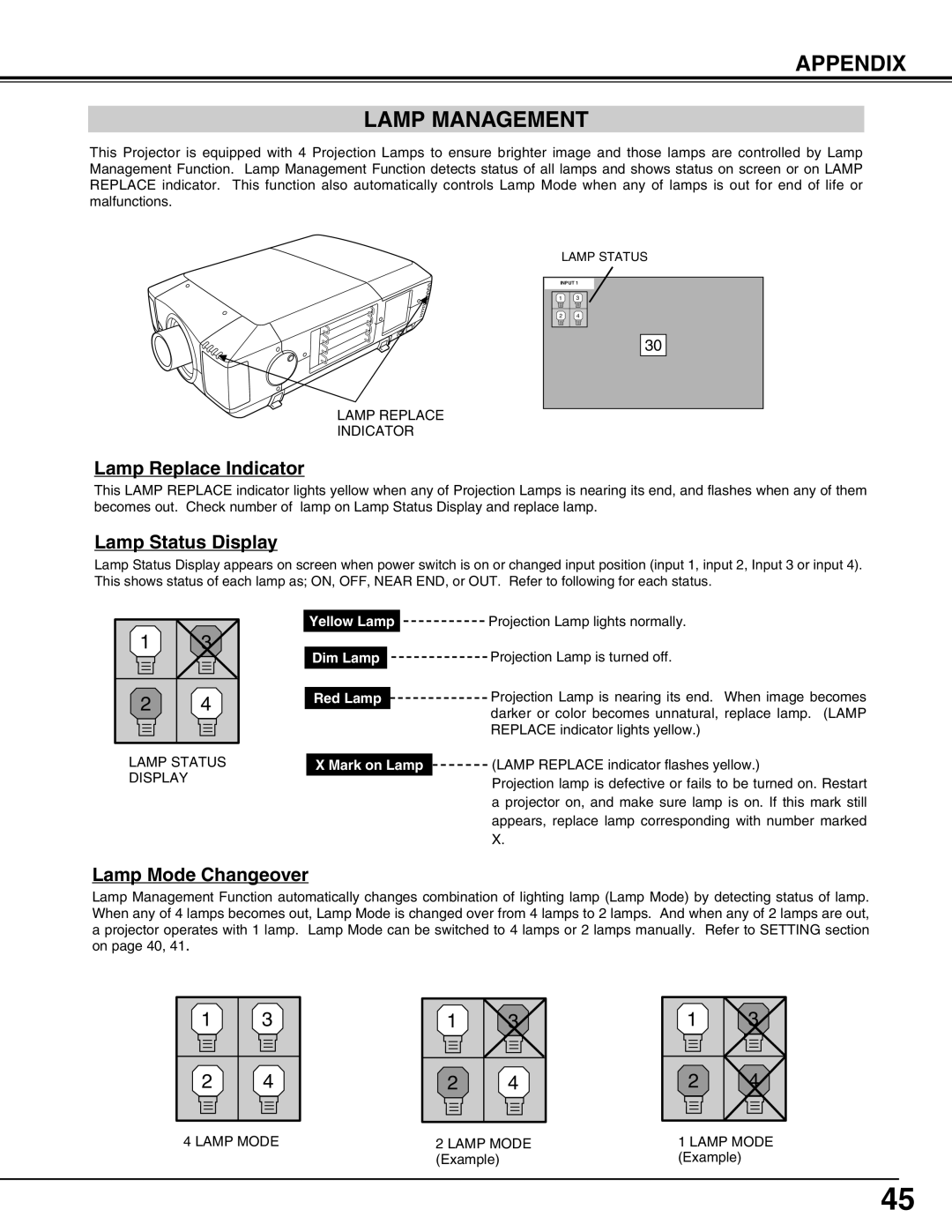 Christie Digital Systems 38-VIV402-01 user manual Appendix Lamp Management, Yellow Lamp Dim Lamp Red Lamp Mark on Lamp 