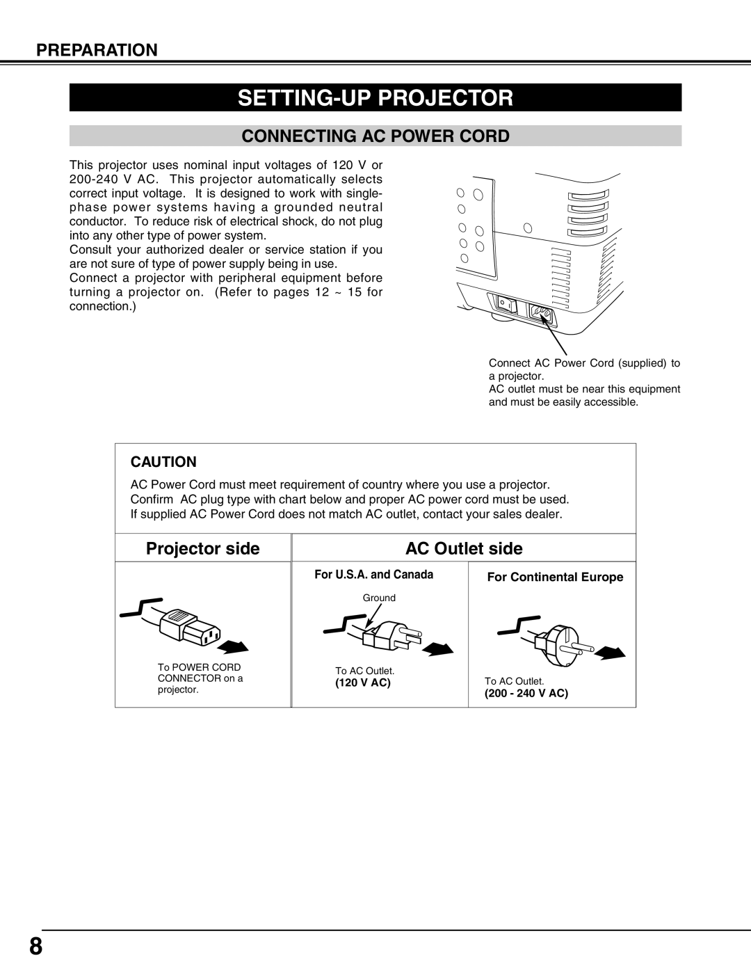 Christie Digital Systems 38-VIV402-01 user manual SETTING-UP Projector, Connecting AC Power Cord 