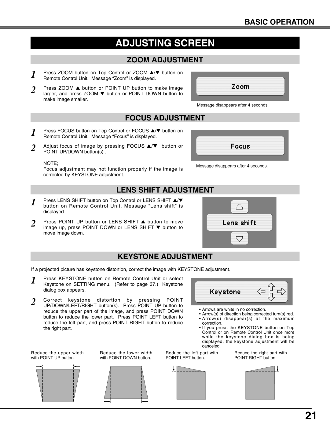 Christie Digital Systems 3308-VIV303-01 user manual Adjusting Screen, Keystone Adjustment, Corrected by Keystone adjustment 