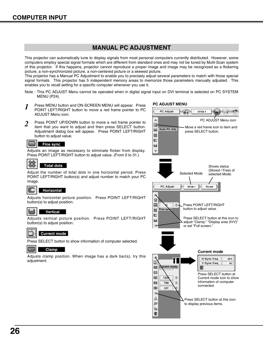 Christie Digital Systems 38-VIV6-01, 3308-VIV303-01 user manual Computer Input Manual PC Adjustment 